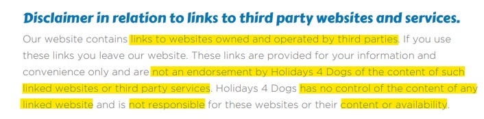 Holidays4Dogs third party websites and services disclaimer