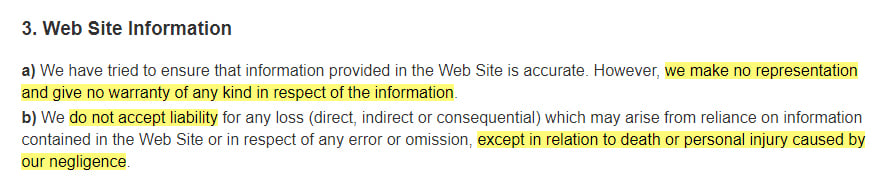 Holland and Barrett Terms and Conditions: Web Site Information clause