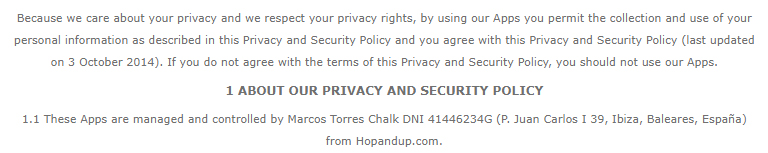 Hop and Up Privacy Policy: Intro and About clause