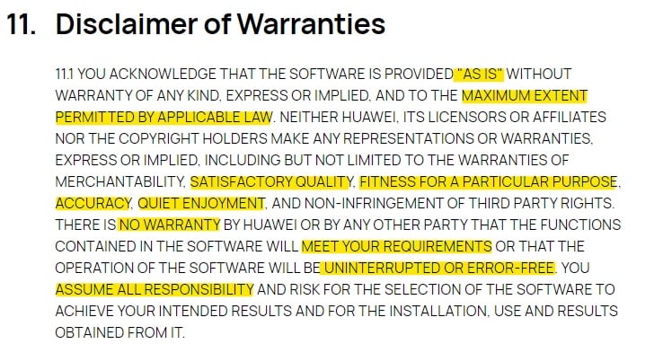 Huawei EULA: Disclaimer of Warranties clause