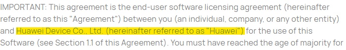 Huawei EULA Intro clause with company name highlighted