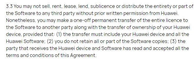 Huawei EULA: Limitations of Use clause - Distributing and transferring app section