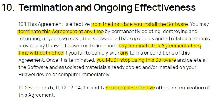 Huawei EULA: Termination and Ongoing Effectiveness clause