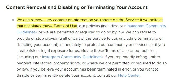 Instagram Terms of Use: Content Removal and Disabling or Terminating Your Account clause