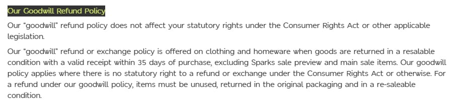 Marks and Spencer Terms and Conditions: Conditions of Sale - Goodwill Refund Policy clause