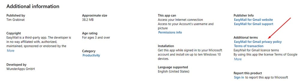 Microsoft App Store: EasyMail for Gmail - Additional Information with Privacy Policy highlighted