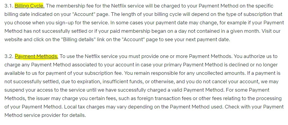 Netflix Terms of Use: Billing Cycle and Payment Methods clauses