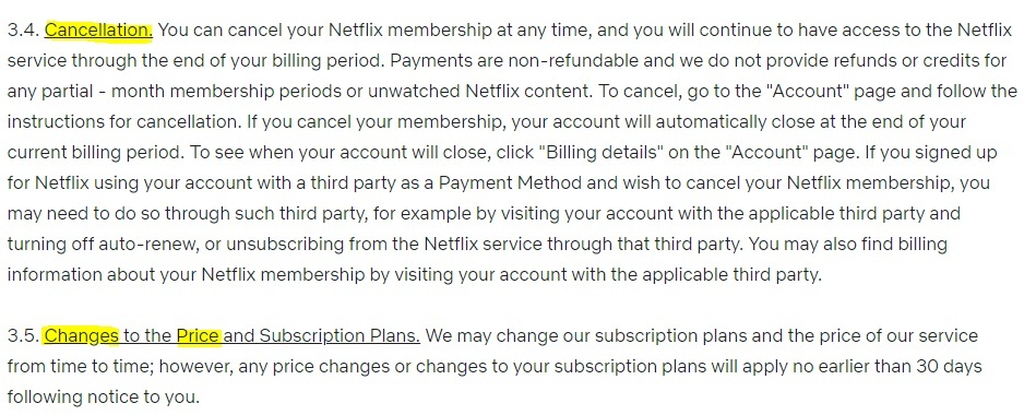 Netflix Terms of Use: Cancellation and Changes to the Price and Subscription Plans clauses