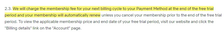 Netflix Terms of Use: Membership fee after free trial clause