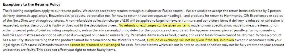 Next Terms and Conditions: Exceptions to the Returns Policy