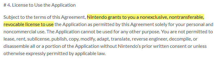 Nintendo Animal Crossing User Agreement: License to Use the Application clause