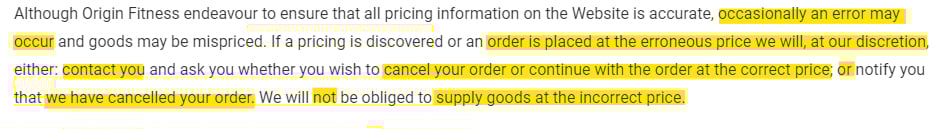 Origin Fitness Terms and Conditions: Pricing accuracy disclaimer