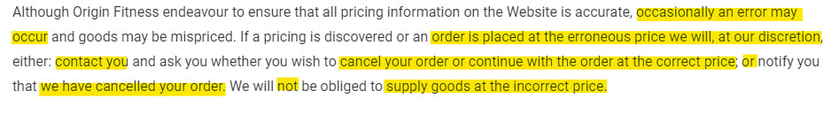Origin Fitness Terms and Conditions: Pricing accuracy disclaimer