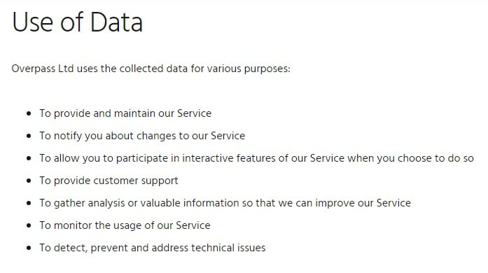 Overpass Privacy Policy: Use of Data clause