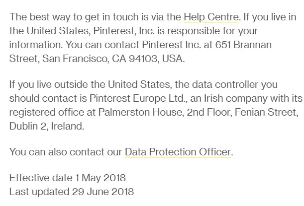 Pinterest Privacy Policy: Contact information clause