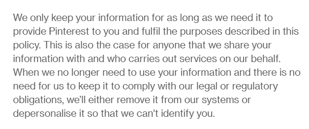 Pinterest Privacy Policy: Data retention clause