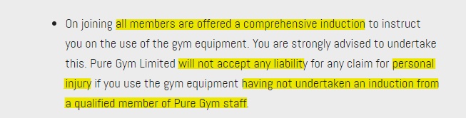 PureGym Rules: Limitation of liability section