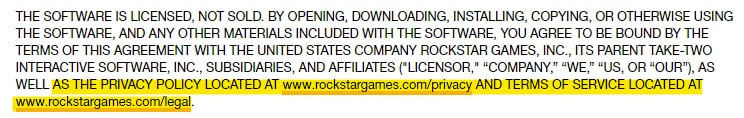 Rockstar Games EULA: Section with Privacy Policy and Terms of Service agreements linked