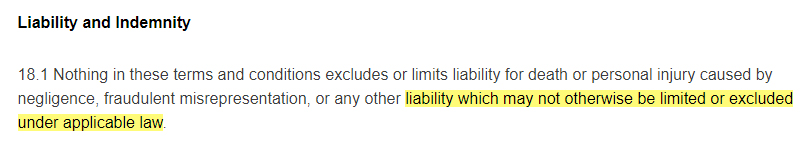 Sainsburys Terms and Conditions: Liability and Indemnity clause - Applicable law section