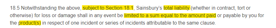 Sainsburys Terms and Conditions: Liability and Indemnity clause - Damages section