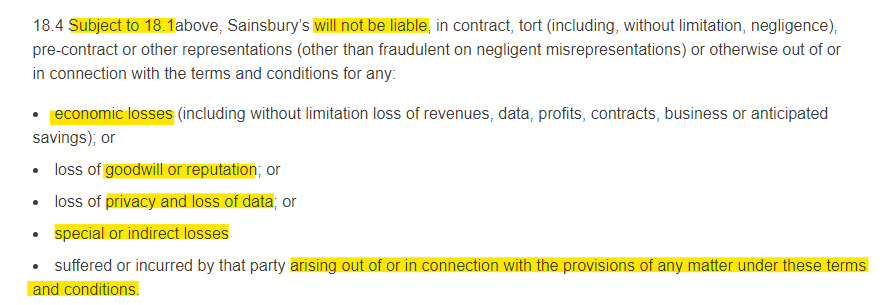 Sainsburys Terms and Conditions: Liability and Indemnity clause - Not liable section