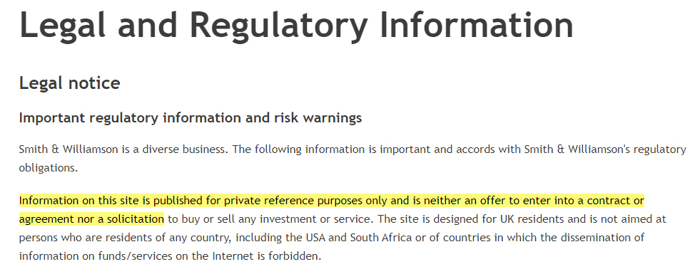 Smith and Williamson Legal and Regulatory Information: Contract disclaimer section