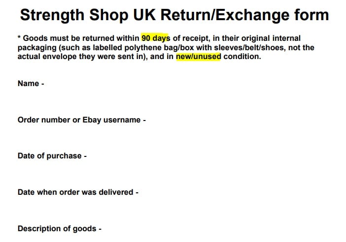 Strength Shop Return and Exchange form excerpt