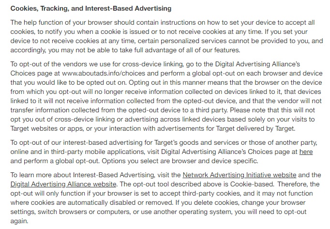 Target Privacy Policy: Cookies, Tracking and Interest-Based Advertising clause