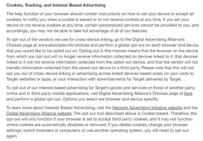 Target Privacy Policy: Cookies, Tracking and Interest-Based Advertising clause