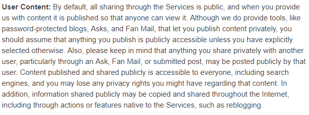 Tumblr Privacy Policy: User Content clause