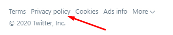 Twitter footer with Privacy Policy link highlighted