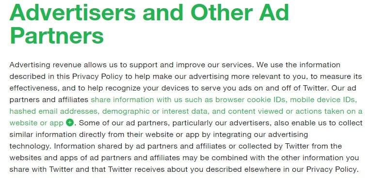 Twitter Privacy Policy: Advertisers and Other Ad Partners clause excerpt