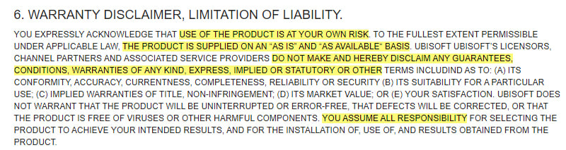 Ubisoft EULA: Warranty Disclaimer Limitation of Liability clause excerpt