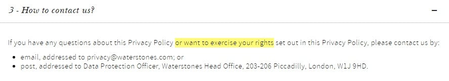 Waterstones Privacy Policy: Contact clause