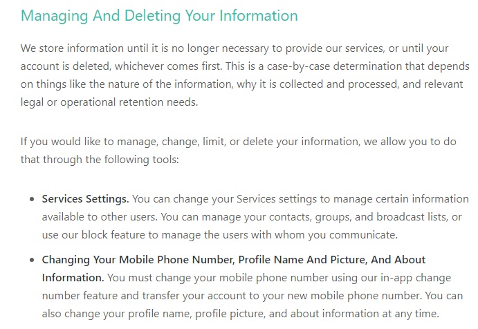 WhatsApp Privacy Policy: Managing and Deleting Your information clause
