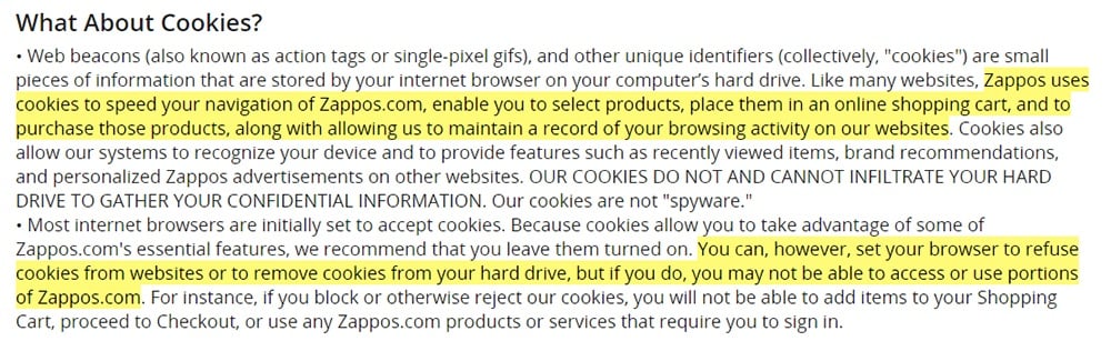 Zappos Privacy Notice: Cookies clause