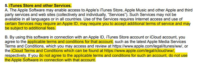 Apple EULA: iTunes Store and Other Services clause - Terms and Conditions section