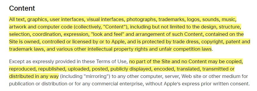 Apple Terms of Use: Content clause excerpt