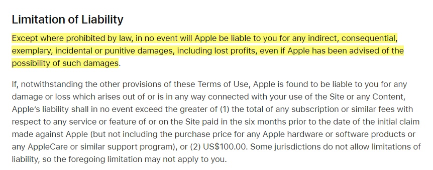 Apple Terms of Use: Limitation of Liability clause