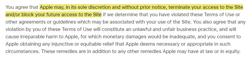 Apple Terms of Use: Violation and account termination clause excerpt