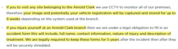 Arnold Clark Privacy Policy: Information we collect, why, and how we use it clause excerpt