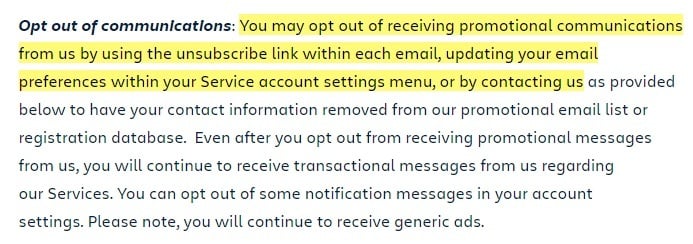 Atlassian Privacy Policy: Opt out of communications clause
