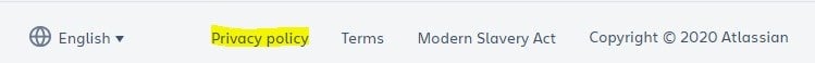Atlassian website footer with Privacy Policy highlighted