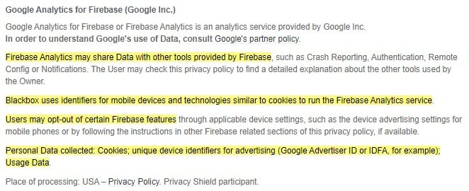 Black Box Puzzles Privacy Policy: Google Analytics for Firebase clause