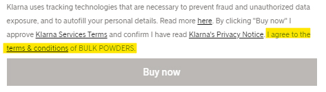 Bulk Powders checkout screen with Agree to Terms and Conditions highlighted