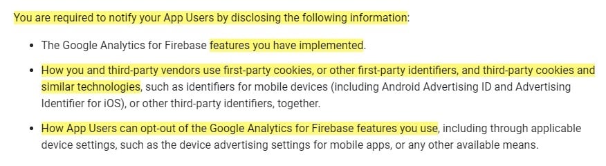 Google Analytics for Firebase Use Policy: Required notification clause