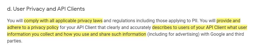 Google APIs Terms of Service: User Privacyi and API Clients