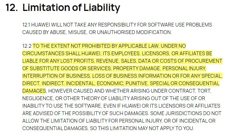 Huawei EULA: Limitation of Liability clause excerpt