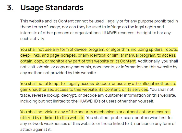 Huawei Terms of Use: Usage Standards clause excerpt