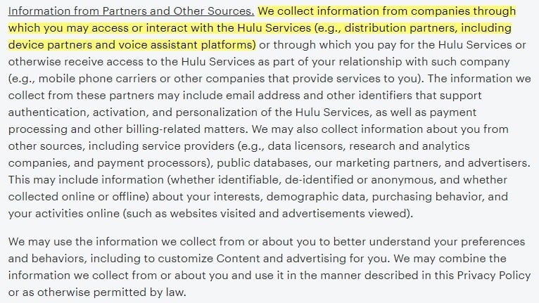 Hulu Privacy Policy: Information from Partners and Other Sources clause